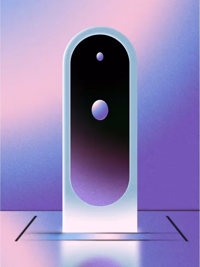 Brand poster - a glowing monolith arch over a reflective floor, purple and pink gradients.