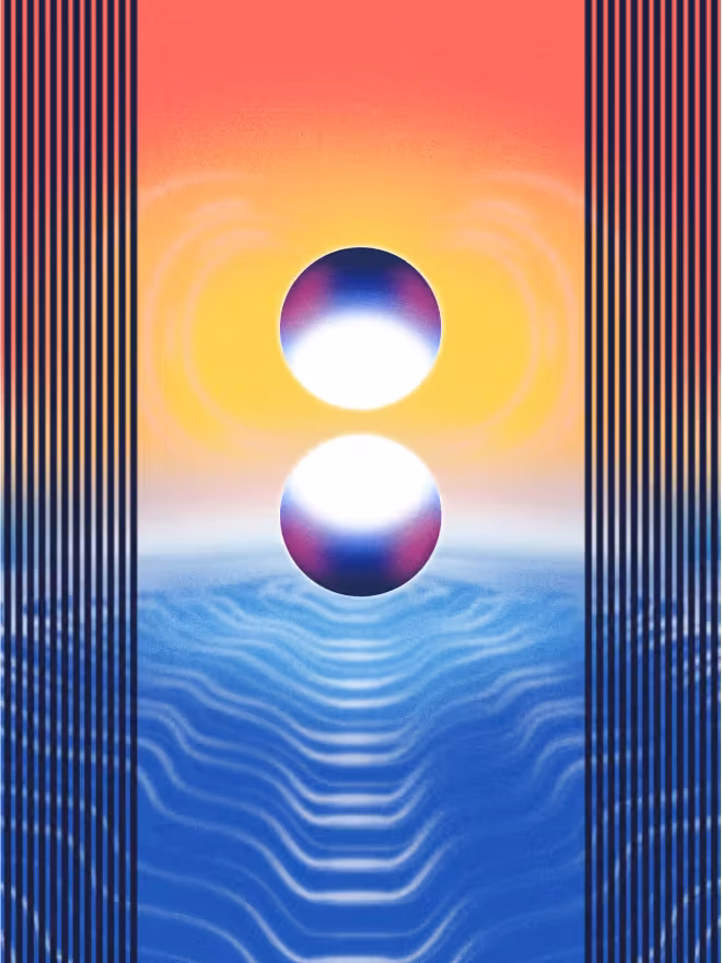 Brand poster - two iridescent spheres over a rippled blue sea against a red-orange sunset, flanked by pinstripes.