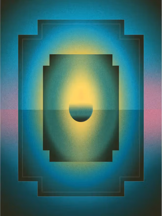 Brand poster - a stepped teal frame radiating around a glowing horizon and rising sun form.