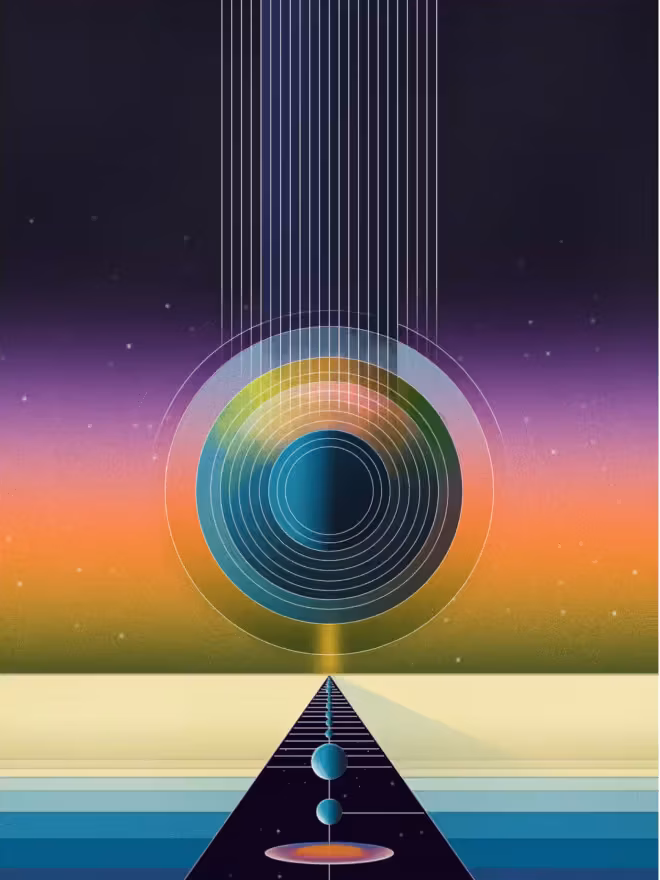 Brand poster - a dark pyramid under a column of light and concentric rainbow rings against a starry sky.