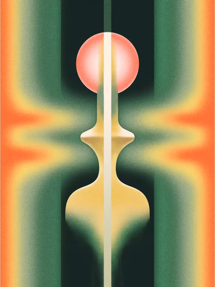 Brand poster - a symmetrical totem form holding a coral orb, set in green and amber gradient bands.