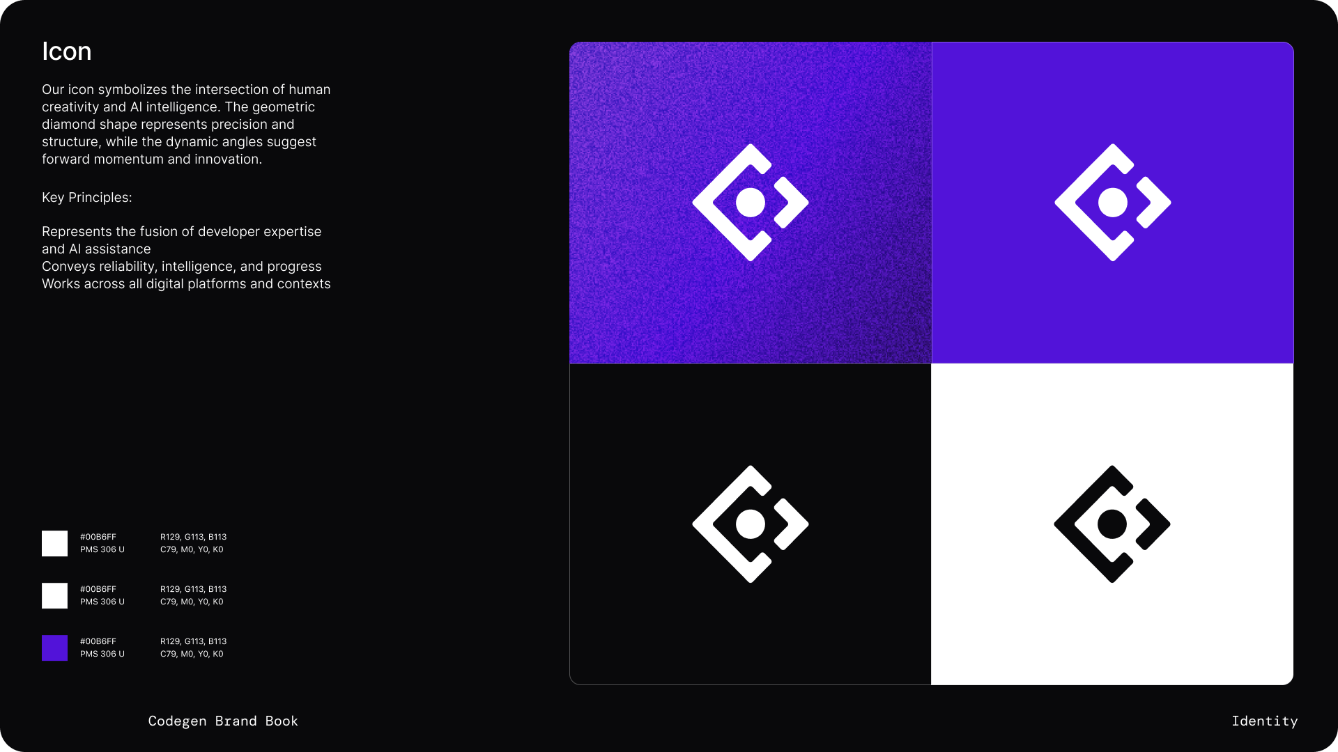 Brand book icon page - the code-bracket diamond across purple, white, and black tiles, with its key principles and color values.