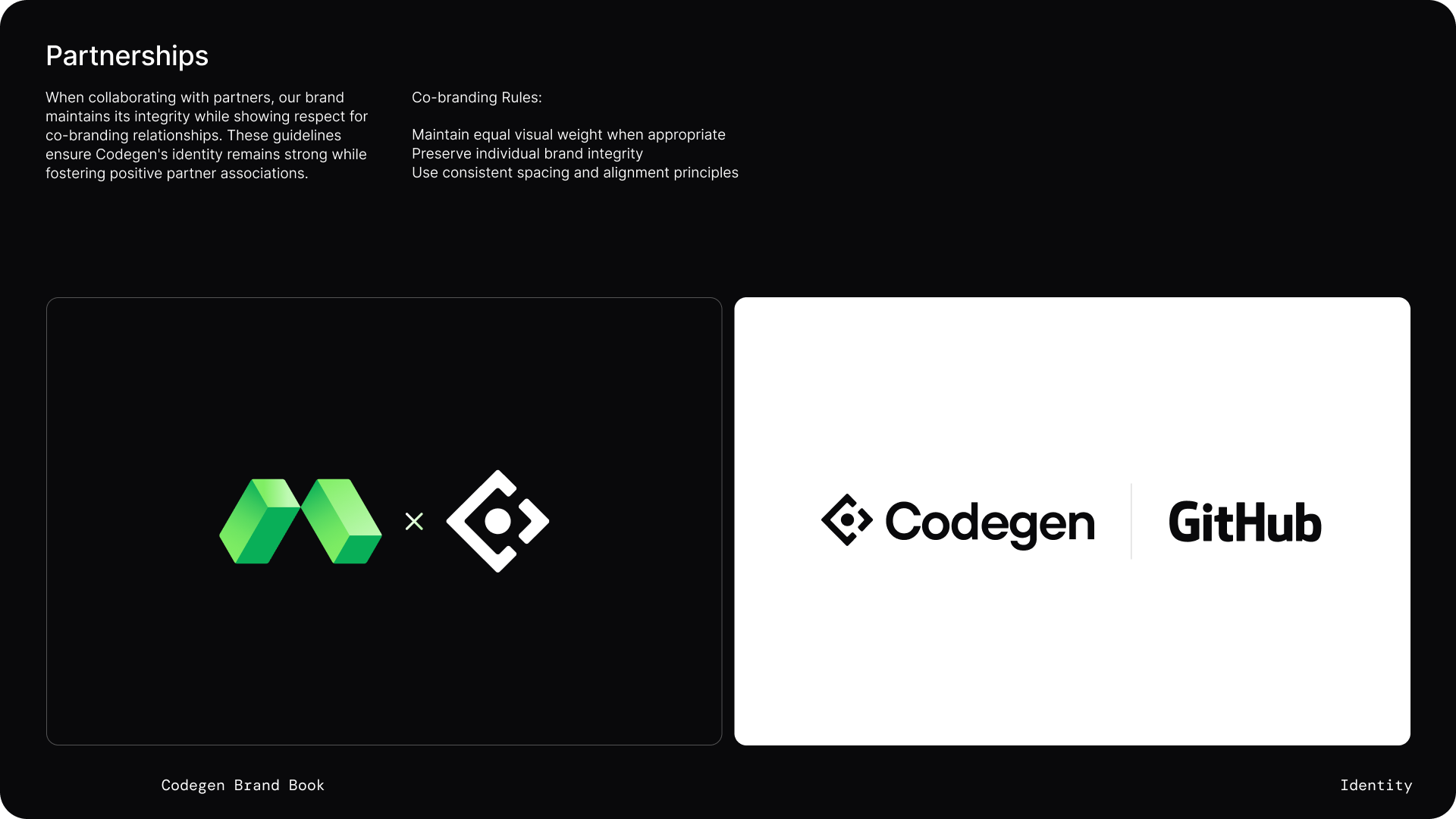 Brand book partnerships page - co-branding rules with a partner-mark pairing and a 'Codegen | GitHub' lockup.