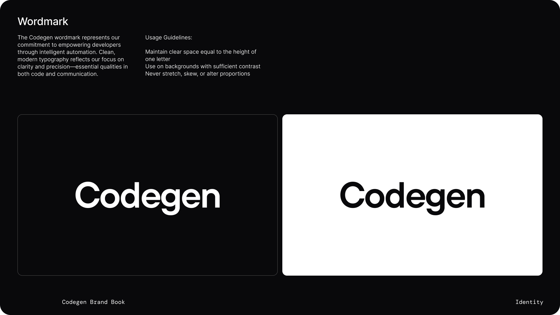 Brand book wordmark page - the Codegen wordmark reversed on black and on white, with clear-space and usage guidelines.