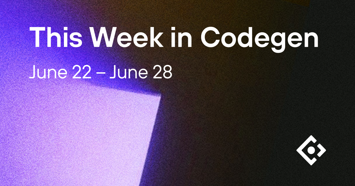 An editorial post template reading 'This Week in Codegen' with a date range, purple-streak motif, and corner logomark.