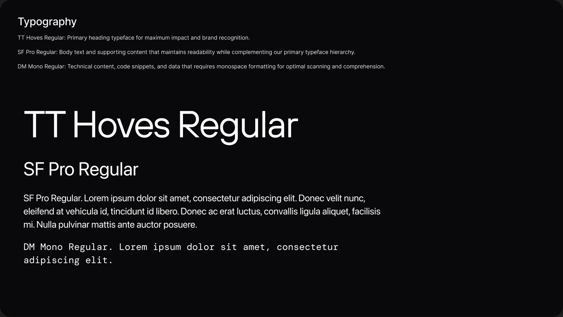 A brand-book typography spread defining TT Hoves for headings, SF Pro for body, and DM Mono for technical and code content, with specimens on black.