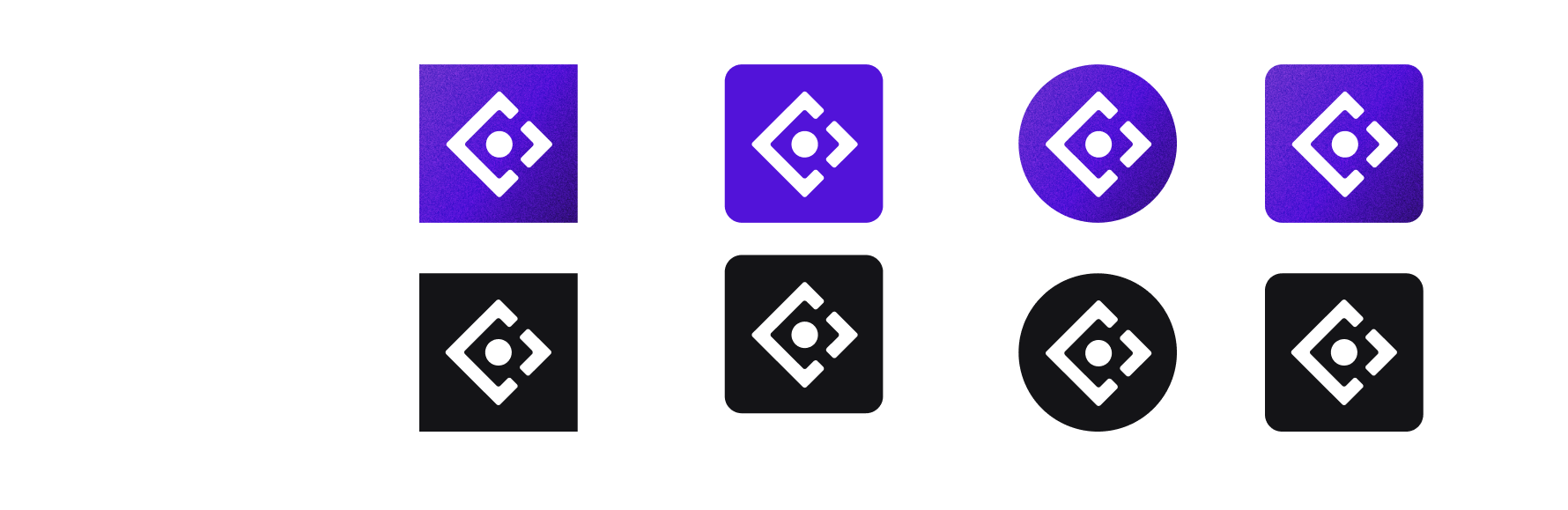 The Codegen logomark — a geometric code-bracket diamond — shown across purple-gradient and dark app-icon variants in rounded-square and circular forms.