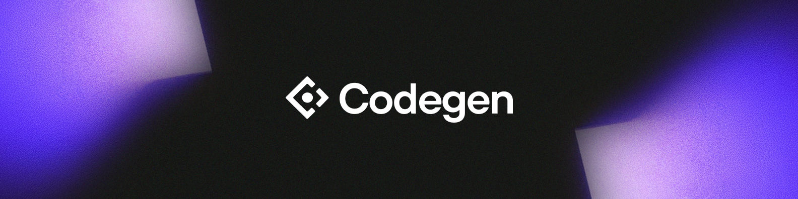 A LinkedIn cover banner: the Codegen lockup centered on black with purple gradient bleeds in the corners.