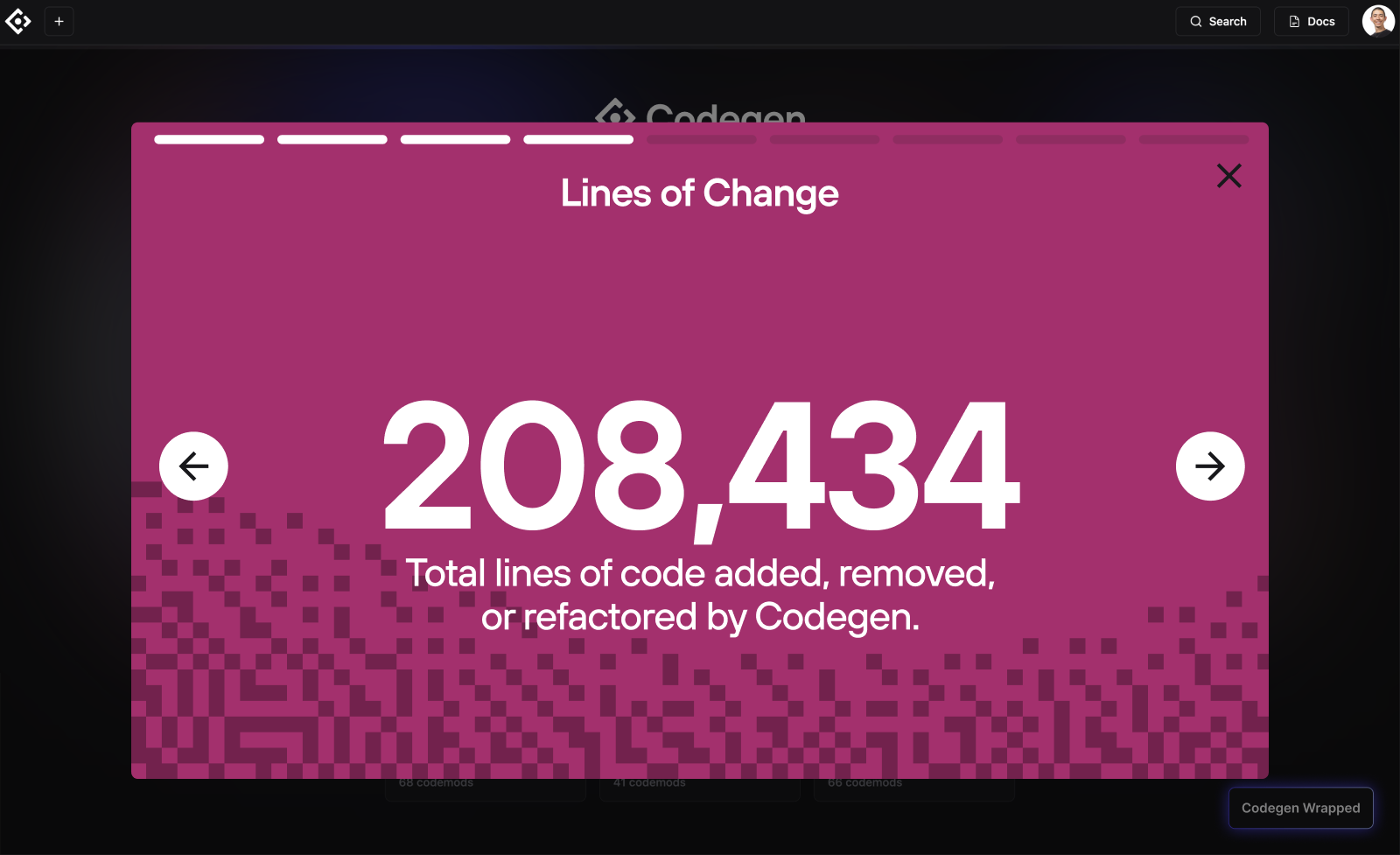 A Codegen Wrapped year-in-review story slide titled 'Lines of Change' over a pixel-maze motif, presented in the in-app modal.