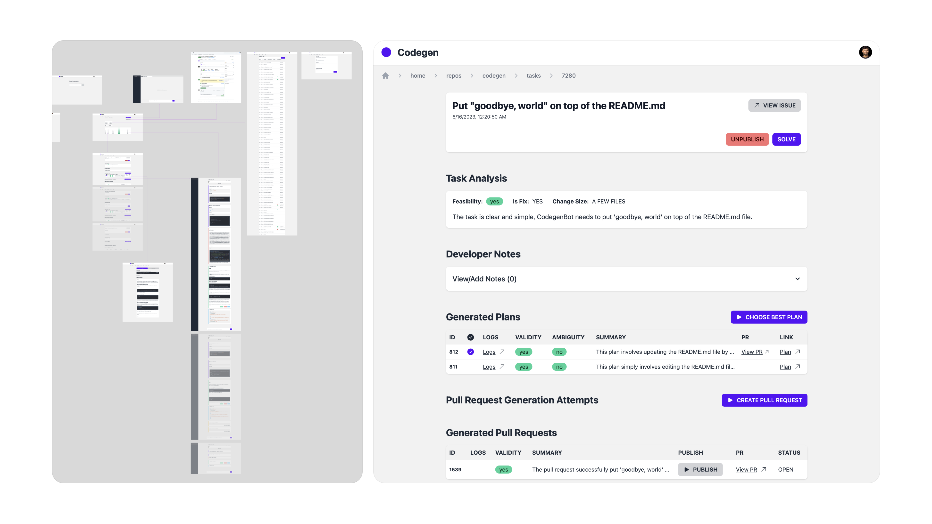 An early Codegen task page beside its wireframe flows - a README task with task analysis, generated plans, and generated pull request tables.
