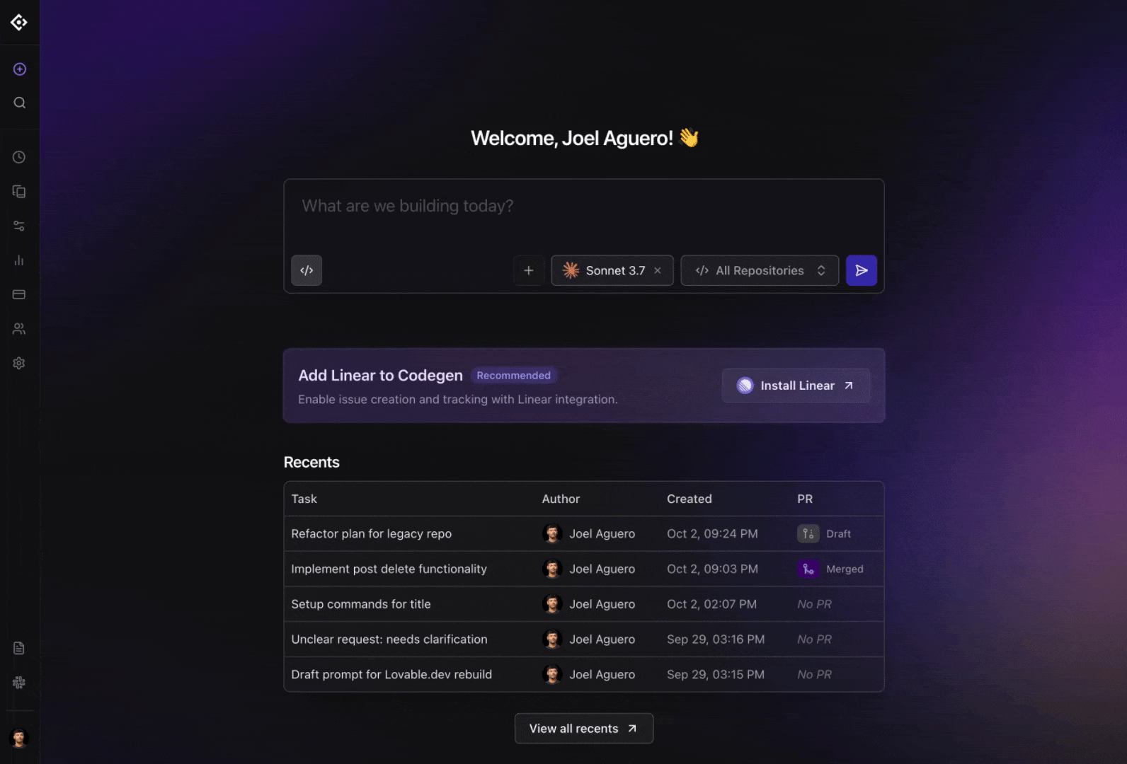 Codegen's home screen - 'Welcome, Joel Aguero' above a 'What are we building today?' prompt box with model and repository selectors and a recents list of agent tasks, the navigation sidebar expanding and collapsing.