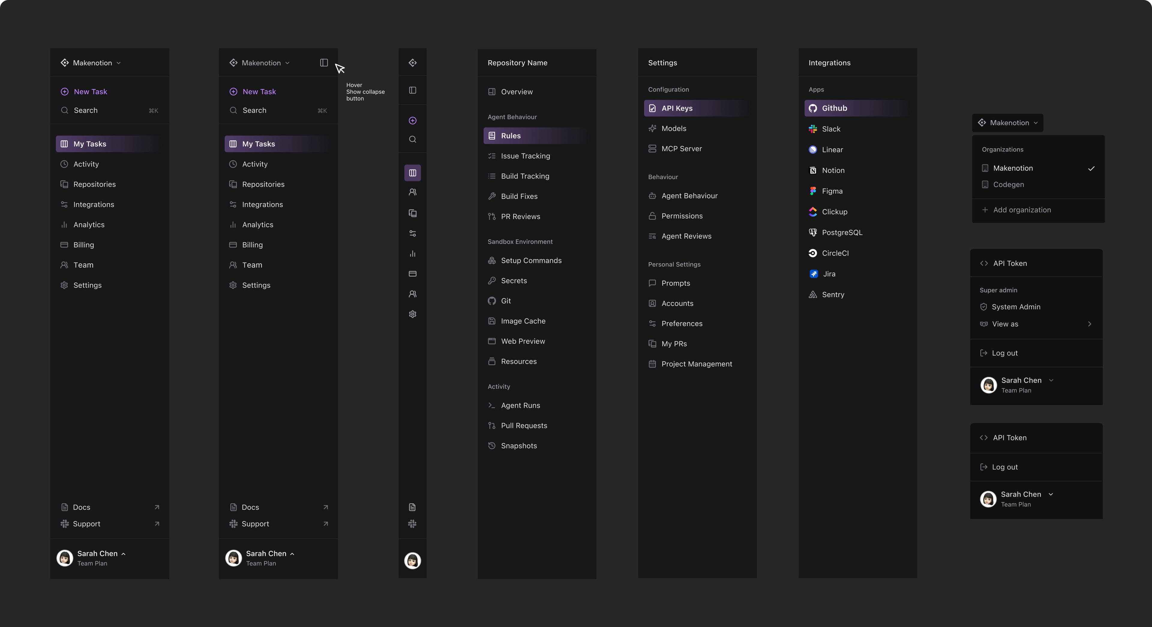Codegen's information architecture - the app shell across panels: the primary nav rail, a repository's settings tree (agent behaviour, sandbox environment, activity), global and personal settings, the integrations list, and the organization switcher.