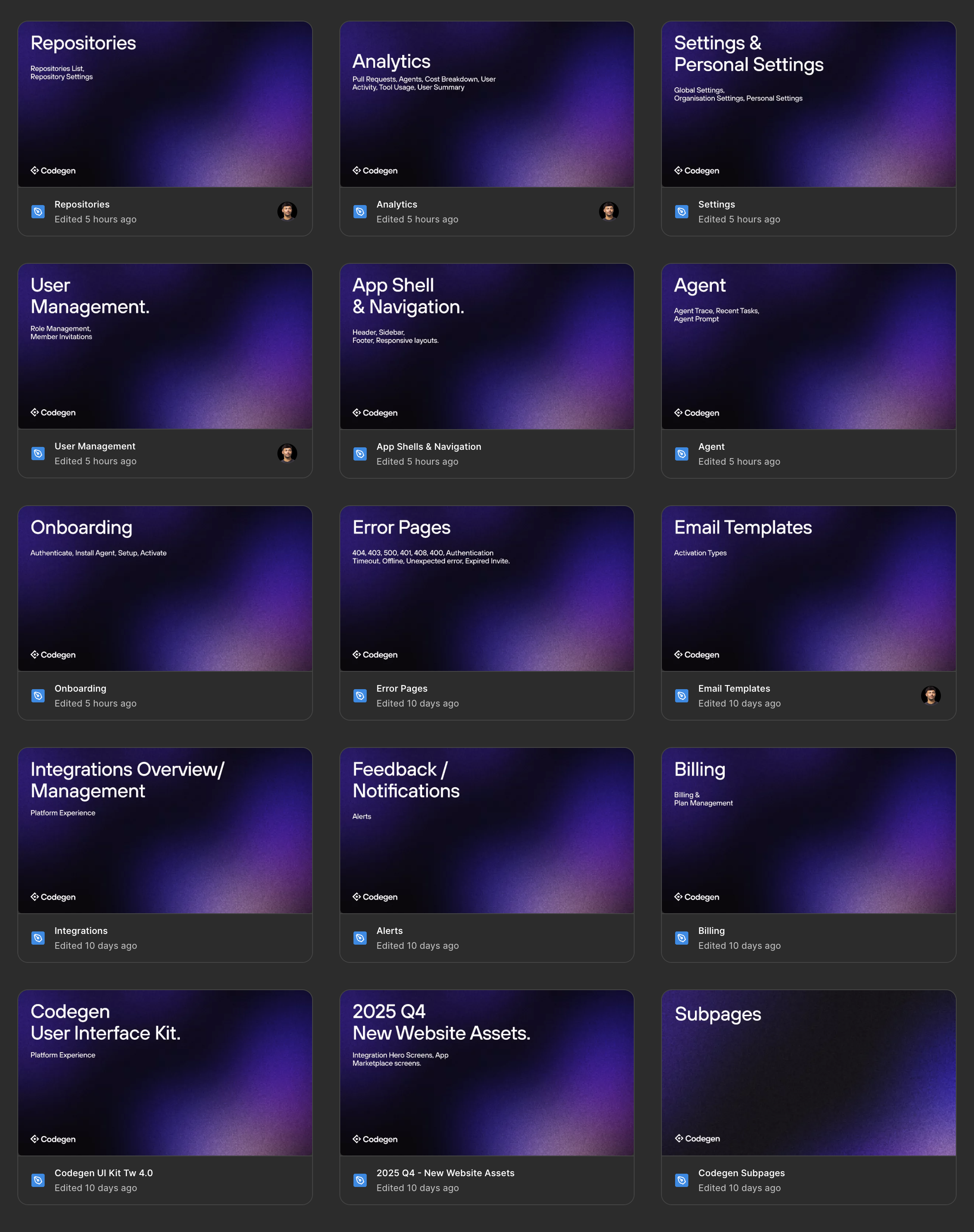 A grid of Codegen's Figma design files - covers for Repositories, Analytics, Settings, User Management, App Shell & Navigation, Agent, Onboarding, Error Pages, Email Templates, Integrations, Notifications, Billing, the UI Kit, the 2025 website assets, and subpages.