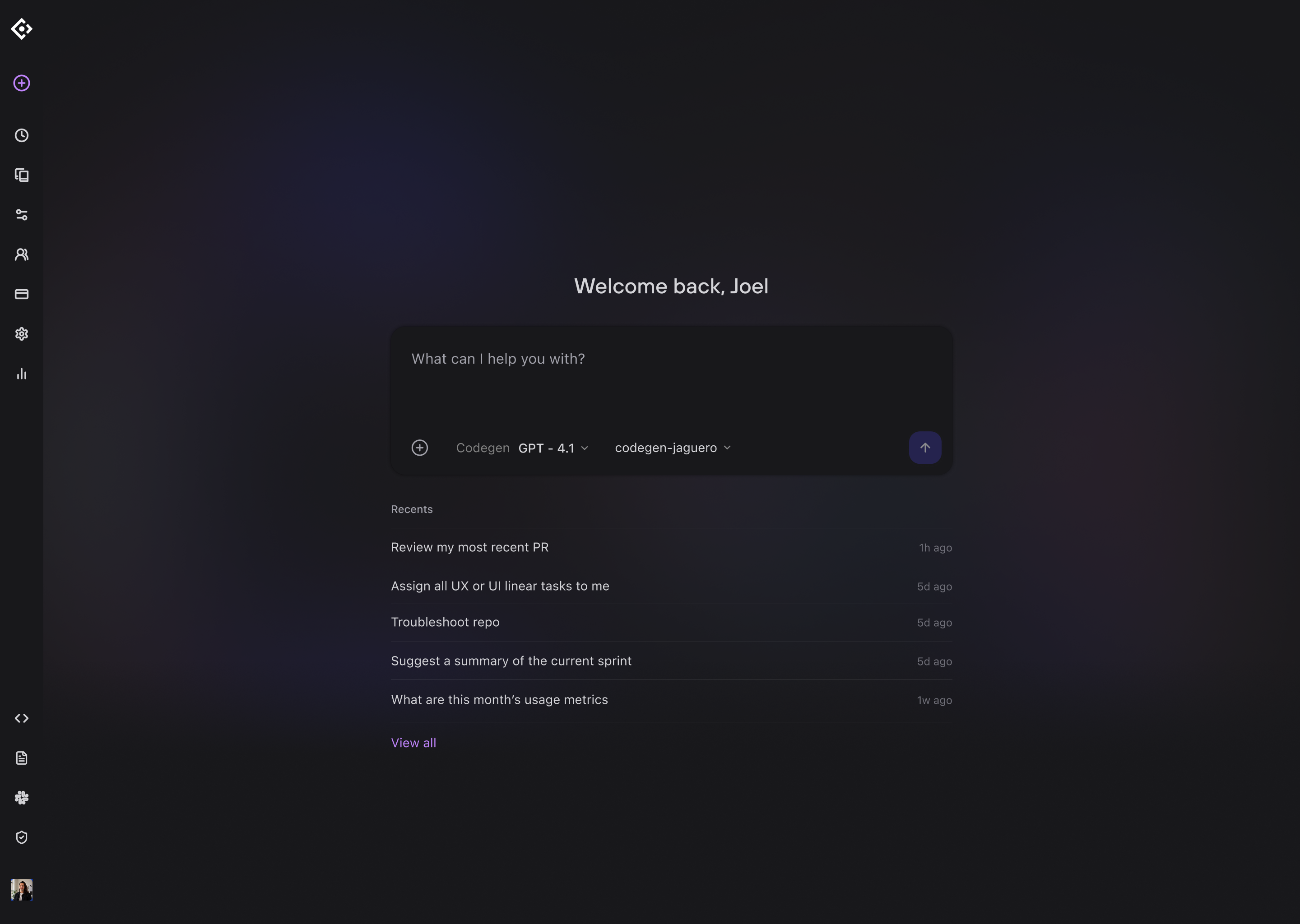Codegen's welcome screen - 'Welcome back, Joel' above a 'What can I help you with?' prompt box with model and repository selectors, a recents list of tasks, and the primary navigation rail.