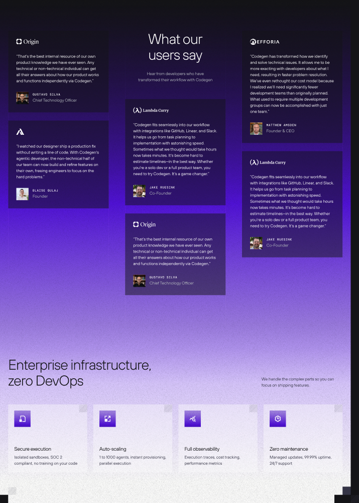 Customer testimonials section above an 'Enterprise infrastructure, zero DevOps' feature row.