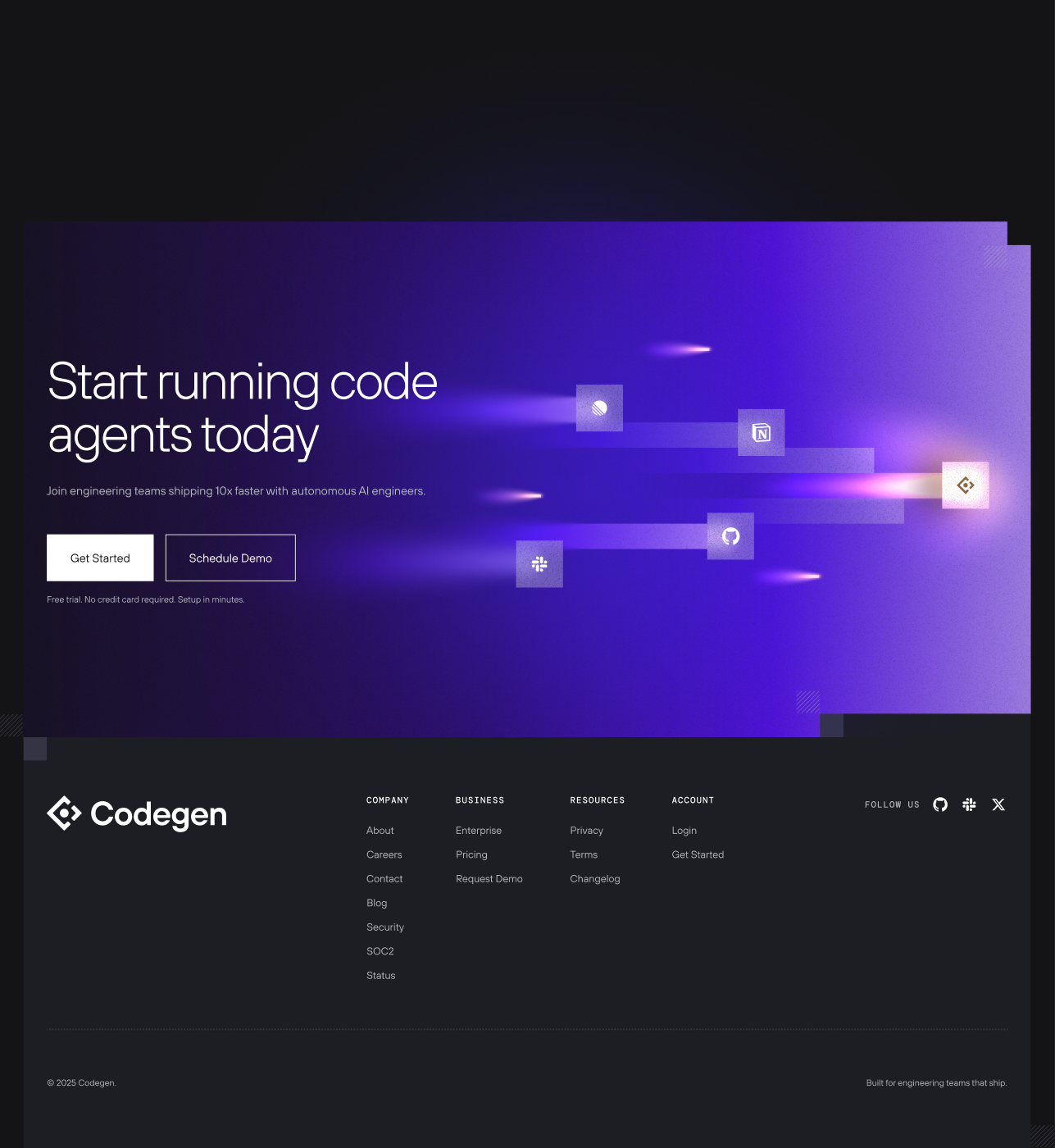 Closing call to action, 'Start running code agents today,' with the full site footer.