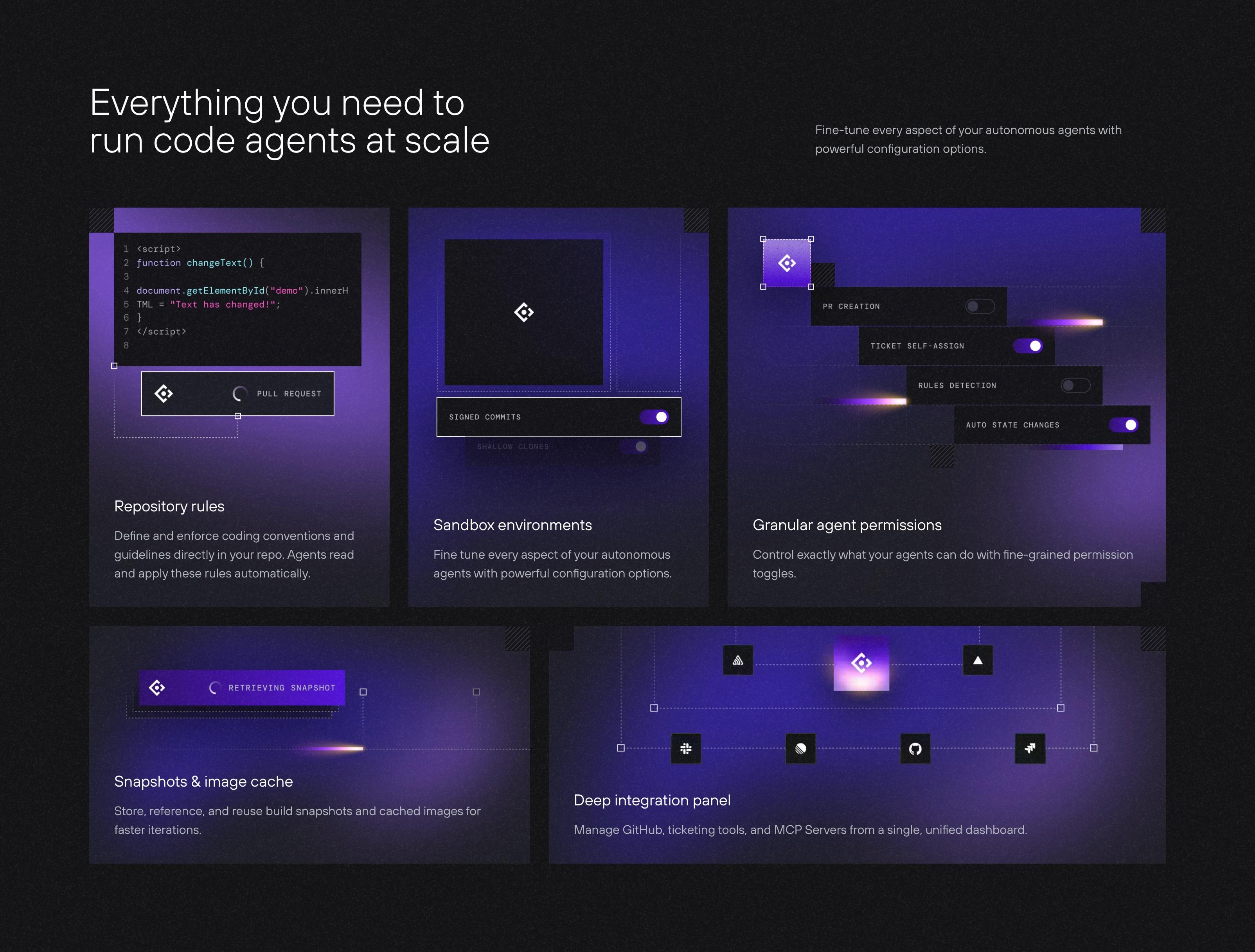 Homepage feature grid - 'Everything you need to run code agents at scale': cards for repository rules, sandbox environments, granular agent permissions, snapshots and image cache, and a deep integration panel.