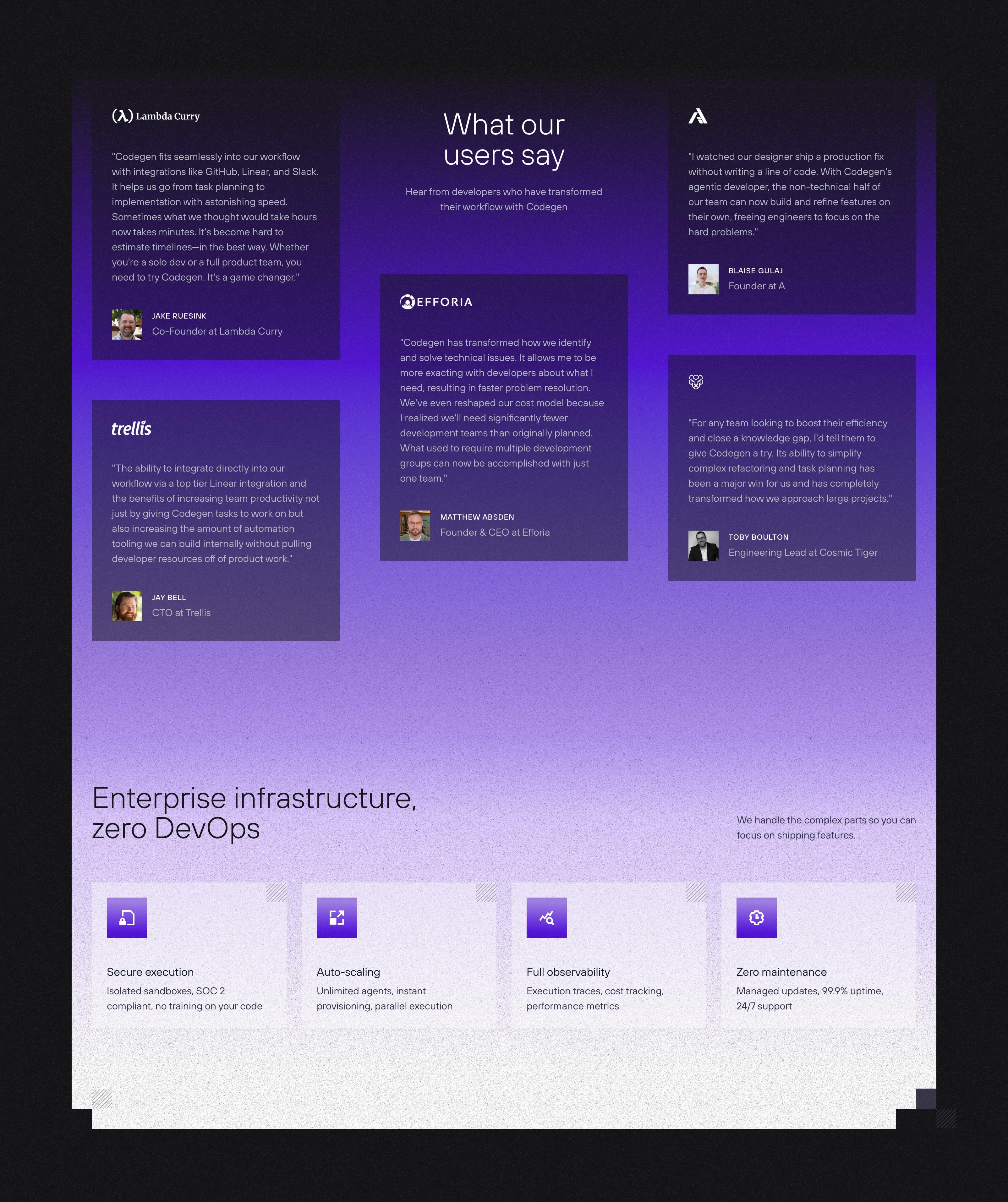 Homepage section - 'What our users say' developer testimonials above an 'Enterprise infrastructure, zero DevOps' row: secure execution, auto-scaling, full observability, and zero maintenance.
