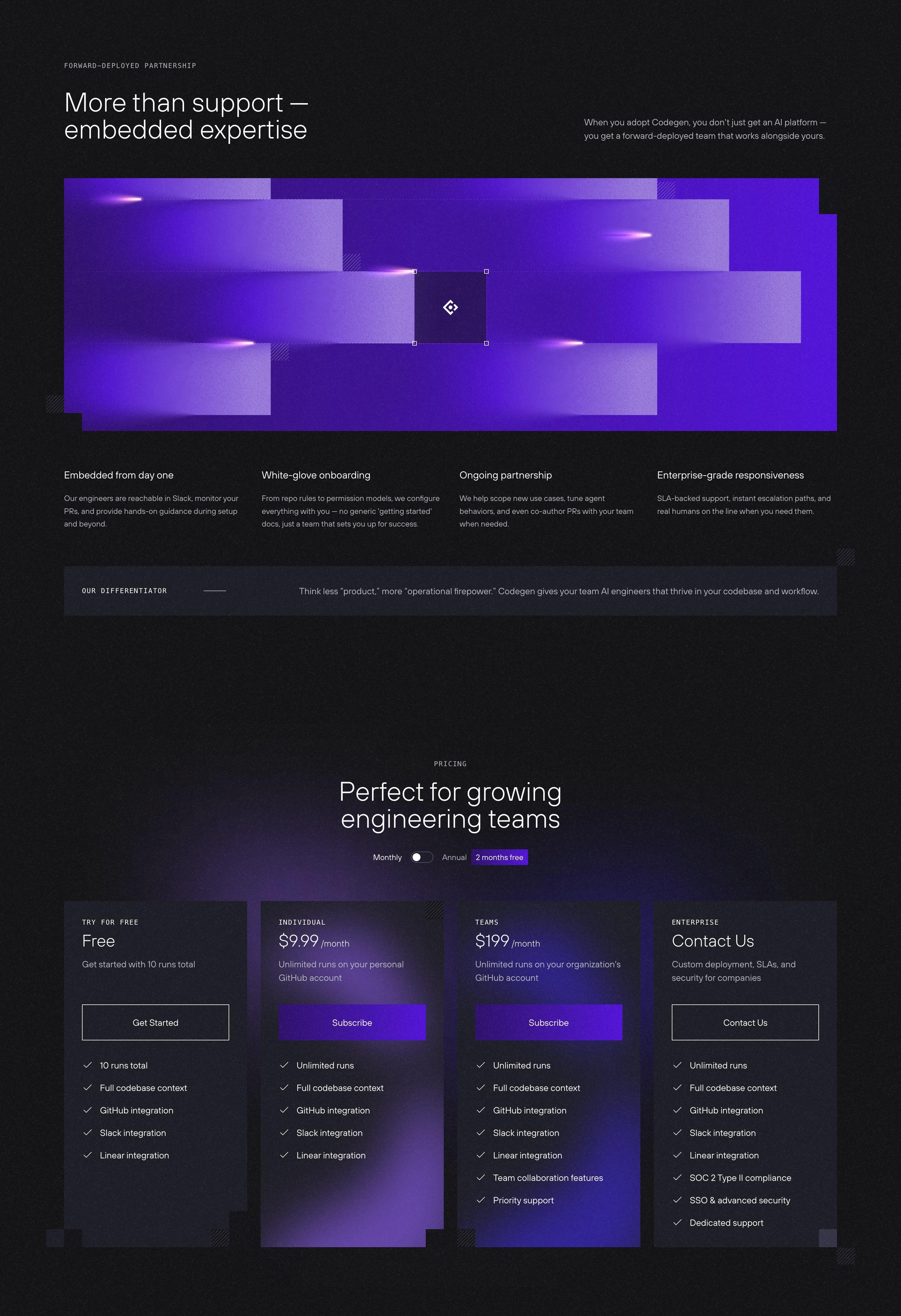 Homepage section - 'More than support - embedded expertise' on the forward-deployed partnership, above the 'Perfect for growing engineering teams' pricing tiers: Free, Individual, Teams, and Enterprise.