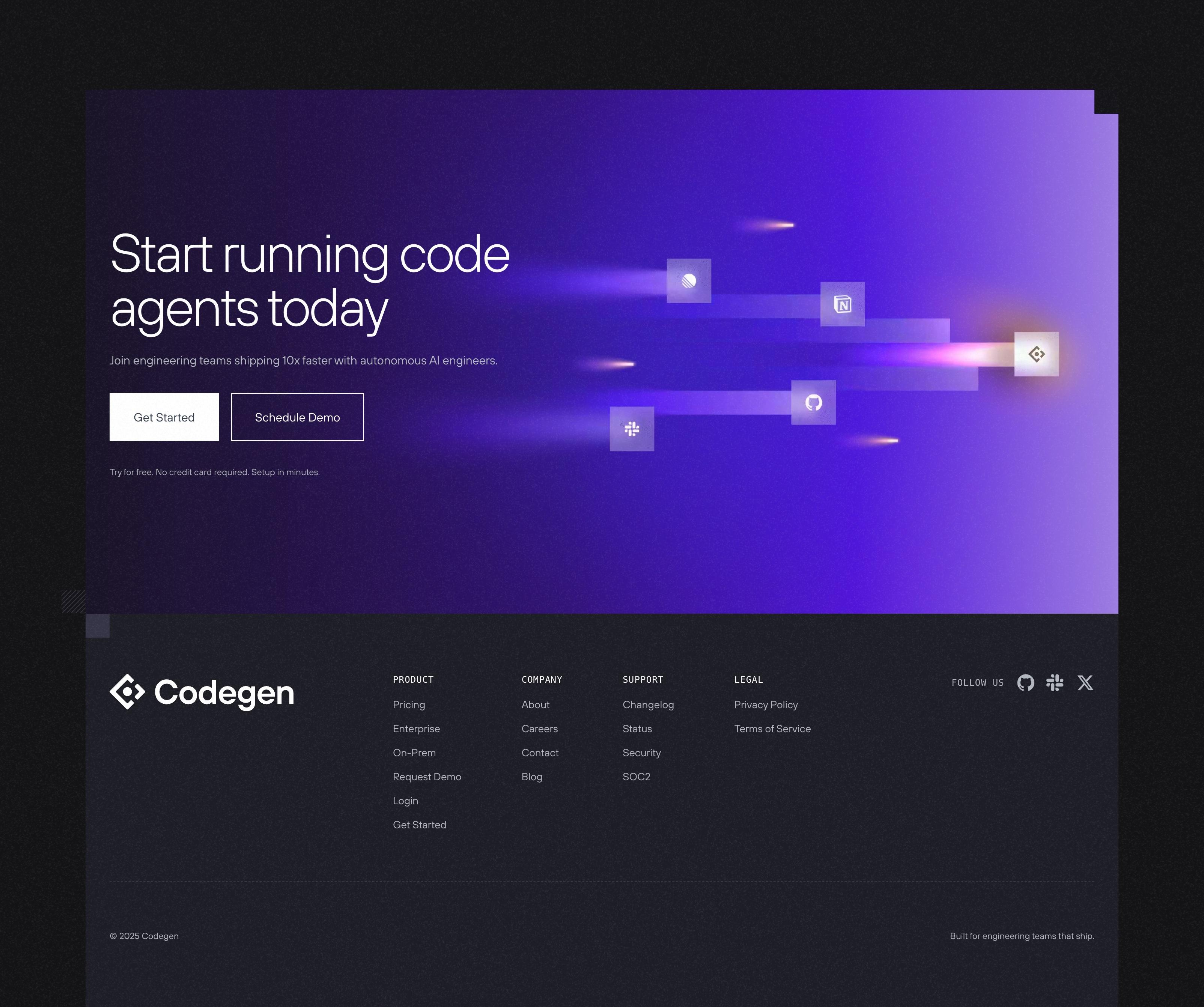 Homepage closing section - the 'Start running code agents today' call to action over a purple gradient, above the full Codegen site footer.