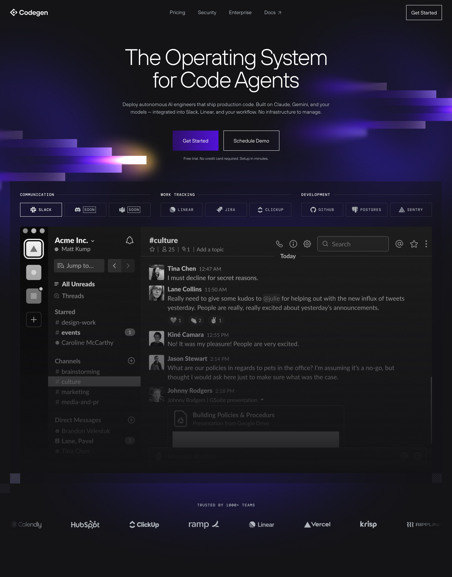 Codegen homepage: the headline 'The Operating System for Code Agents' over a gradient hero, an embedded chat-style product UI, and a customer logo strip.