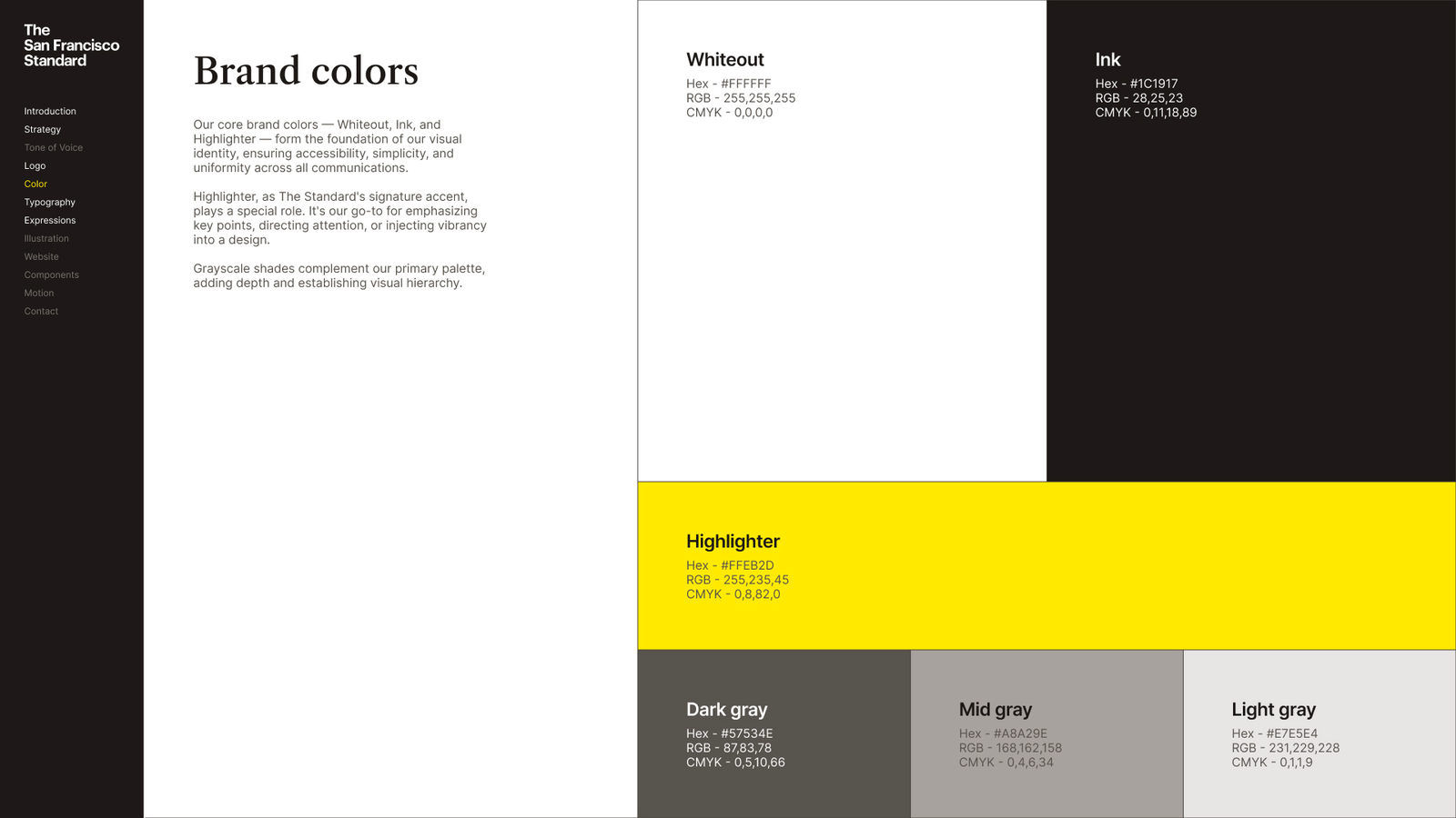 The brand color page — Whiteout, Ink, and the signature Highlighter yellow over a supporting grayscale ramp, with hex values.