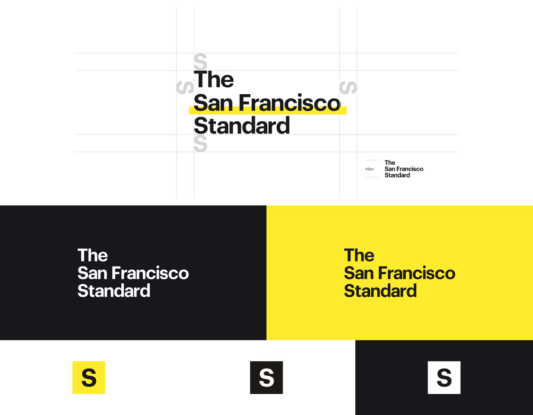 The San Francisco Standard identity system — the wordmark's construction grid and spacing, its black, white, and yellow lockups, and the square 'S' icon.