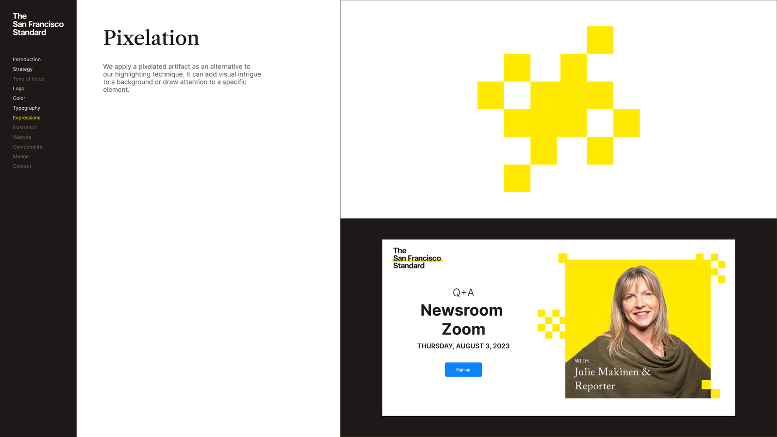 The pixelation motif — a yellow pixel-cluster artifact used to highlight imagery, shown on an event-promo graphic.