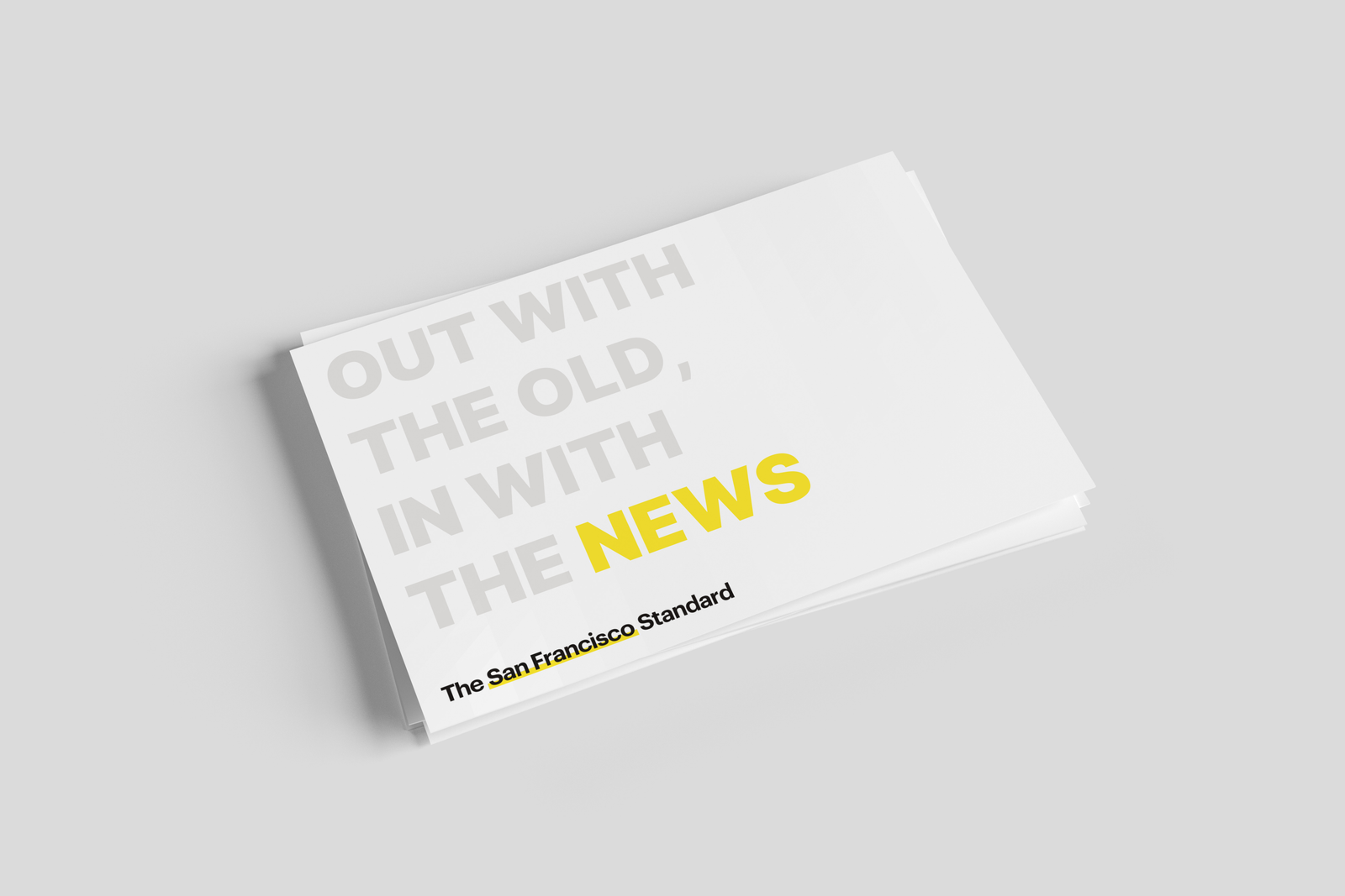 A direct-mail postcard reading 'Out with the old, in with the news' with the wordmark.
