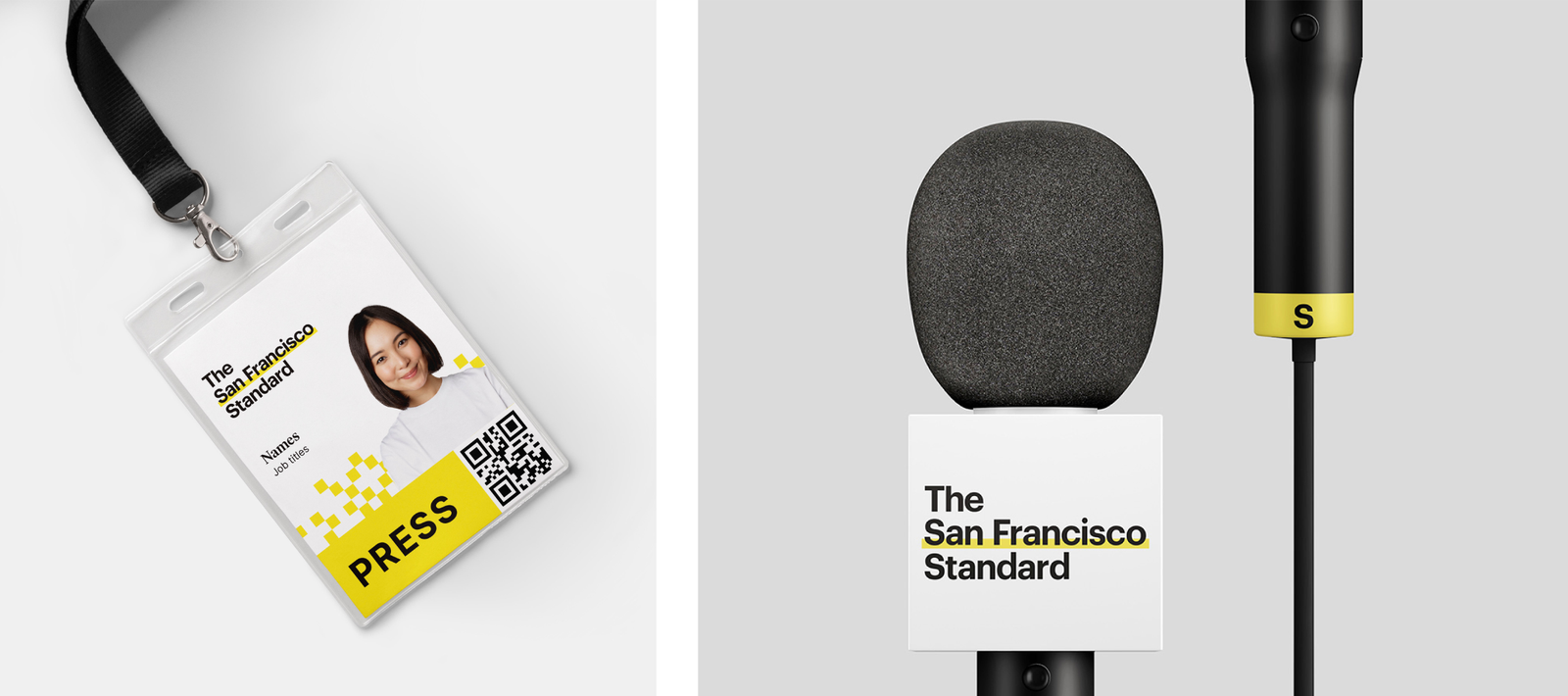 Press kit — a branded press badge on a lanyard beside a microphone flag carrying the wordmark and 'S' icon.