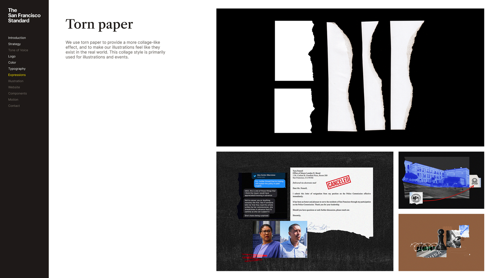 The torn-paper expression — ripped-edge shapes used as a collage device across illustrations and event graphics.