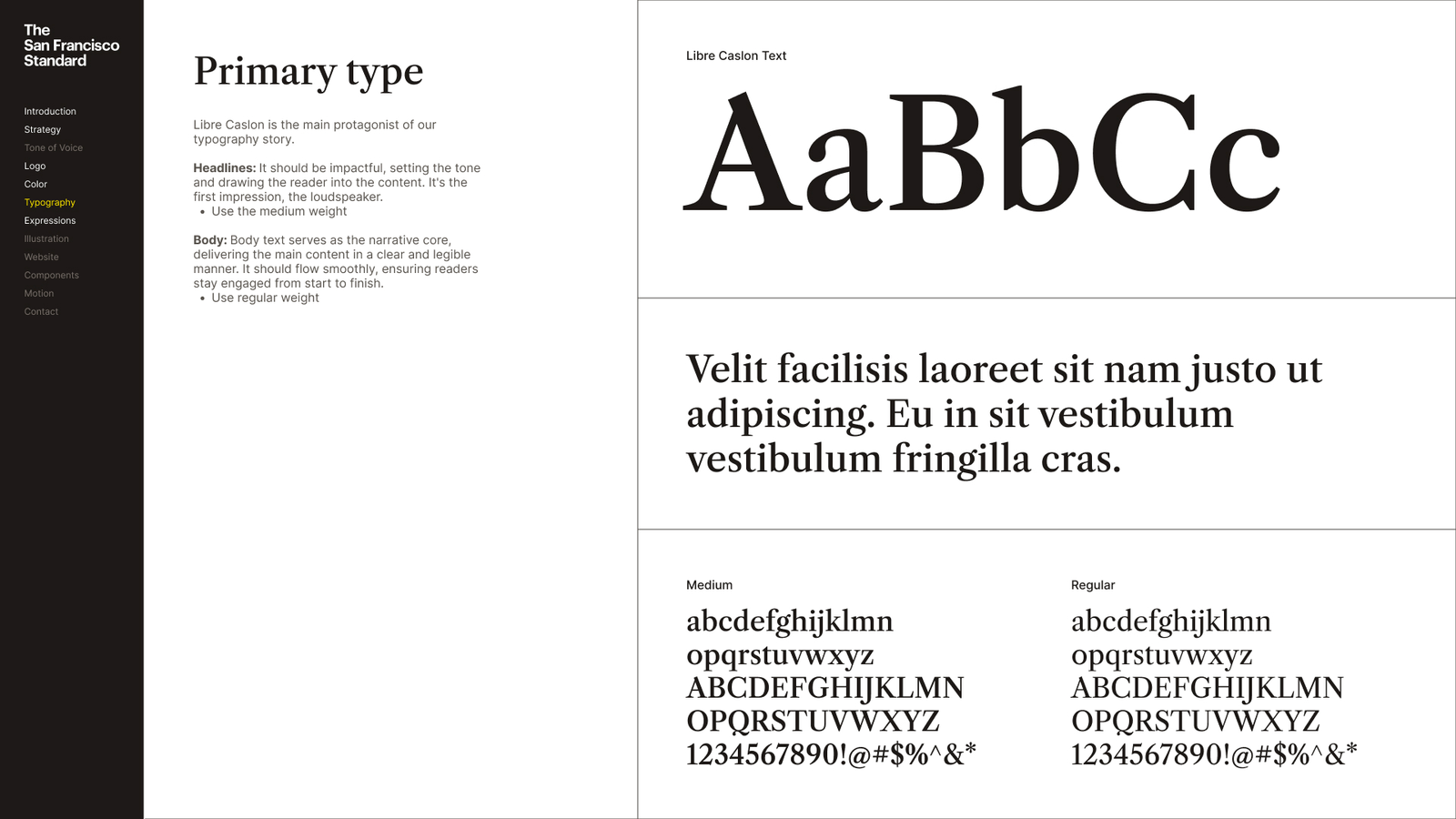The primary typeface page — Libre Caslon shown as a large specimen with headline and body settings and full character sets.