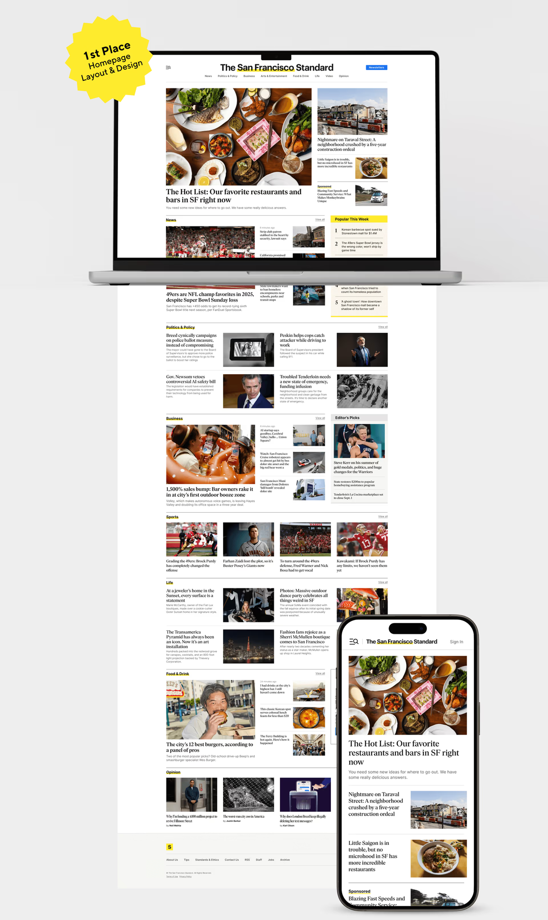 The redesigned San Francisco Standard homepage shown on a laptop and phone — a dense, editorial front page led by a post-pandemic office-conversion story — beside a 'California Journalism Awards, 1st Place' badge.