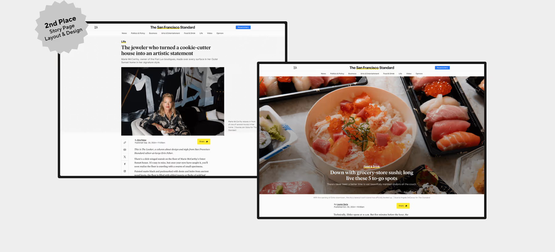 Two redesigned Standard story pages — a Life feature and a Food & Drink piece — beside a 'California Journalism Awards, 2nd Place' badge for Story Page Layout & Design.