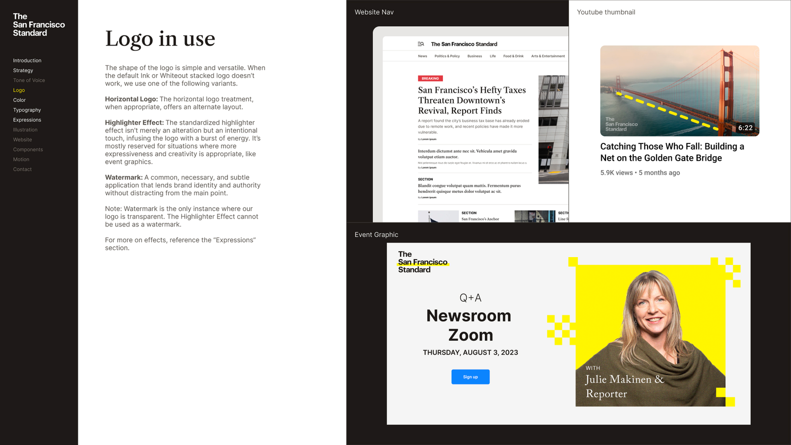 The identity applied across site templates — navigation, a video thumbnail, and an event graphic — showing the reusable system in use.