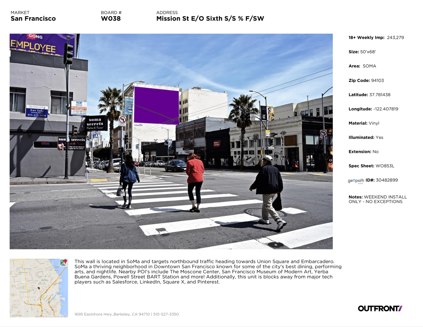 An out-of-home wall-mural placement: the campaign creative mocked up on a Mission Street building in SoMa with a location spec panel.