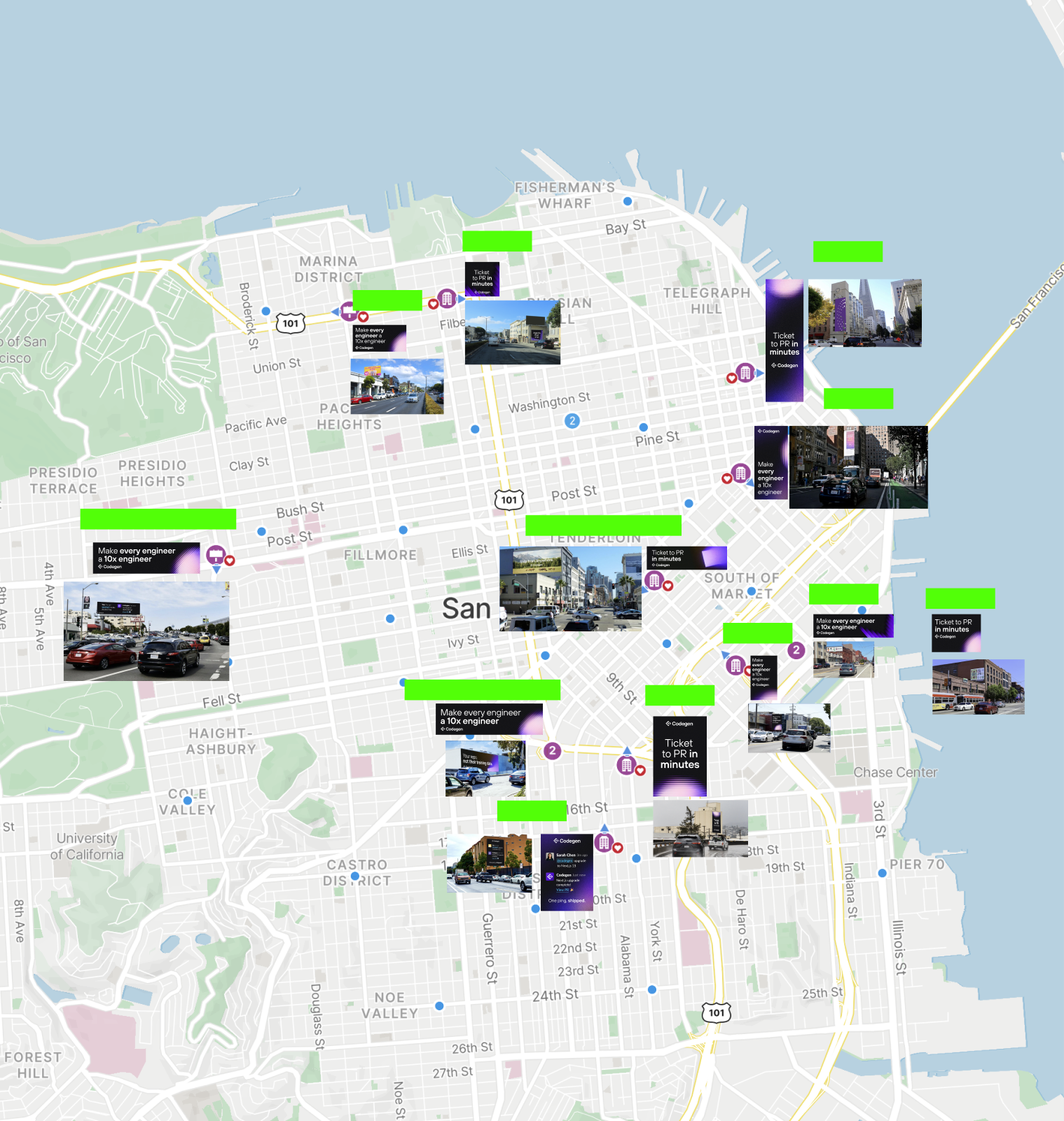 A San Francisco street map with Codegen billboard mockups composited at their real placements across the city, each pinned with a location marker.