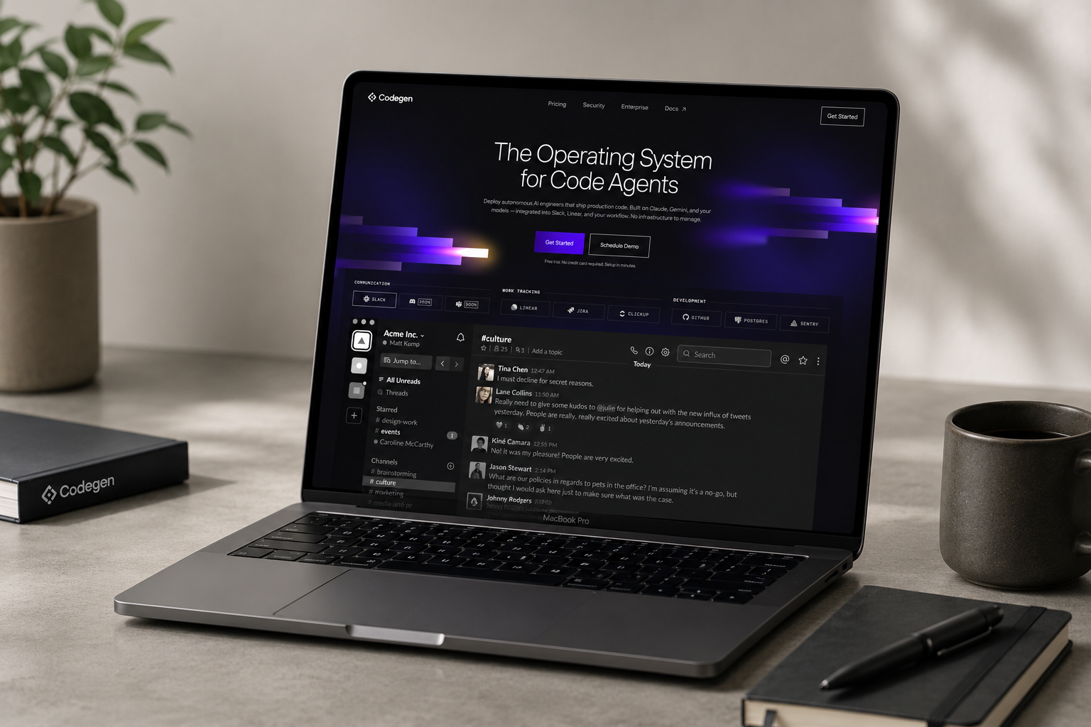 The Codegen marketing site on a MacBook — the dark, purple-lit 'Operating System for Code Agents' homepage.