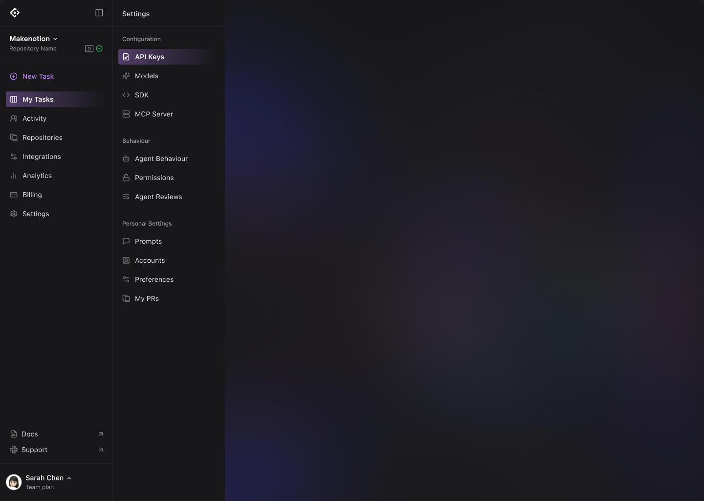 Codegen's app shell: a primary navigation sidebar (tasks, repositories, integrations, analytics, billing, settings) and a secondary settings sidebar around the main content.