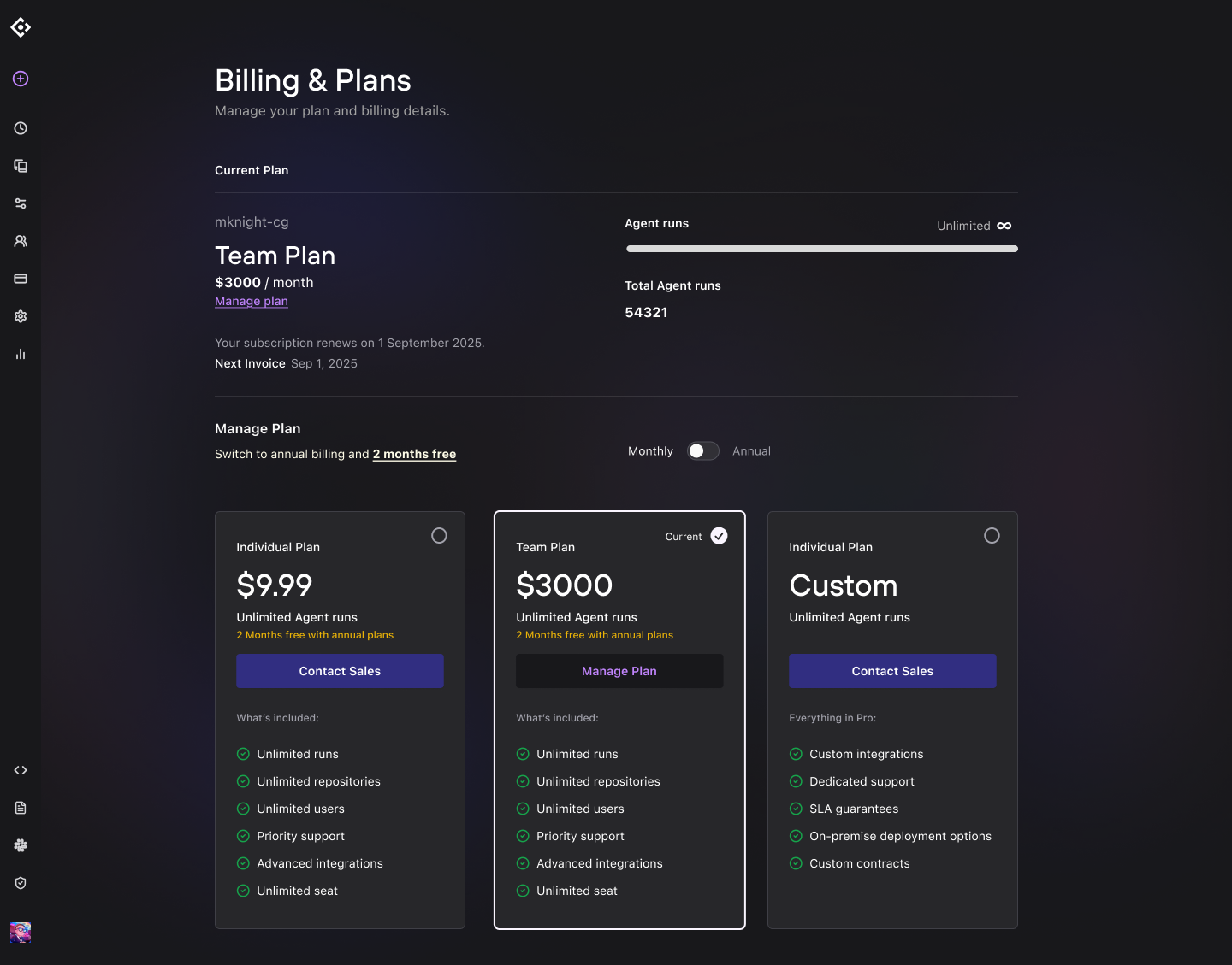 Codegen billing showing the current plan and plan comparison cards.