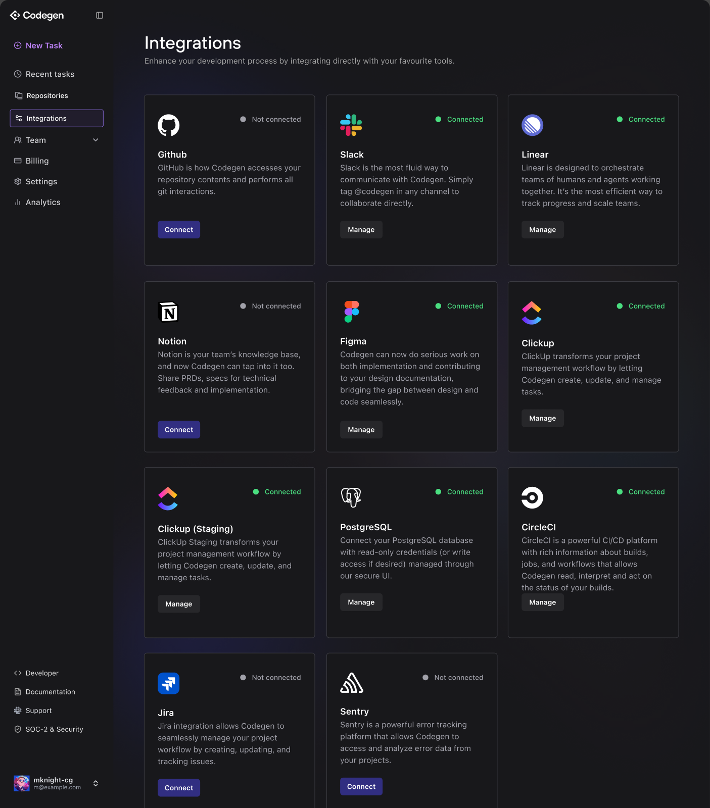 Codegen's integrations gallery — connect-and-manage cards for GitHub, Slack, Linear, Notion, Figma, ClickUp, PostgreSQL, CircleCI, Jira, and Sentry, each with a status badge.