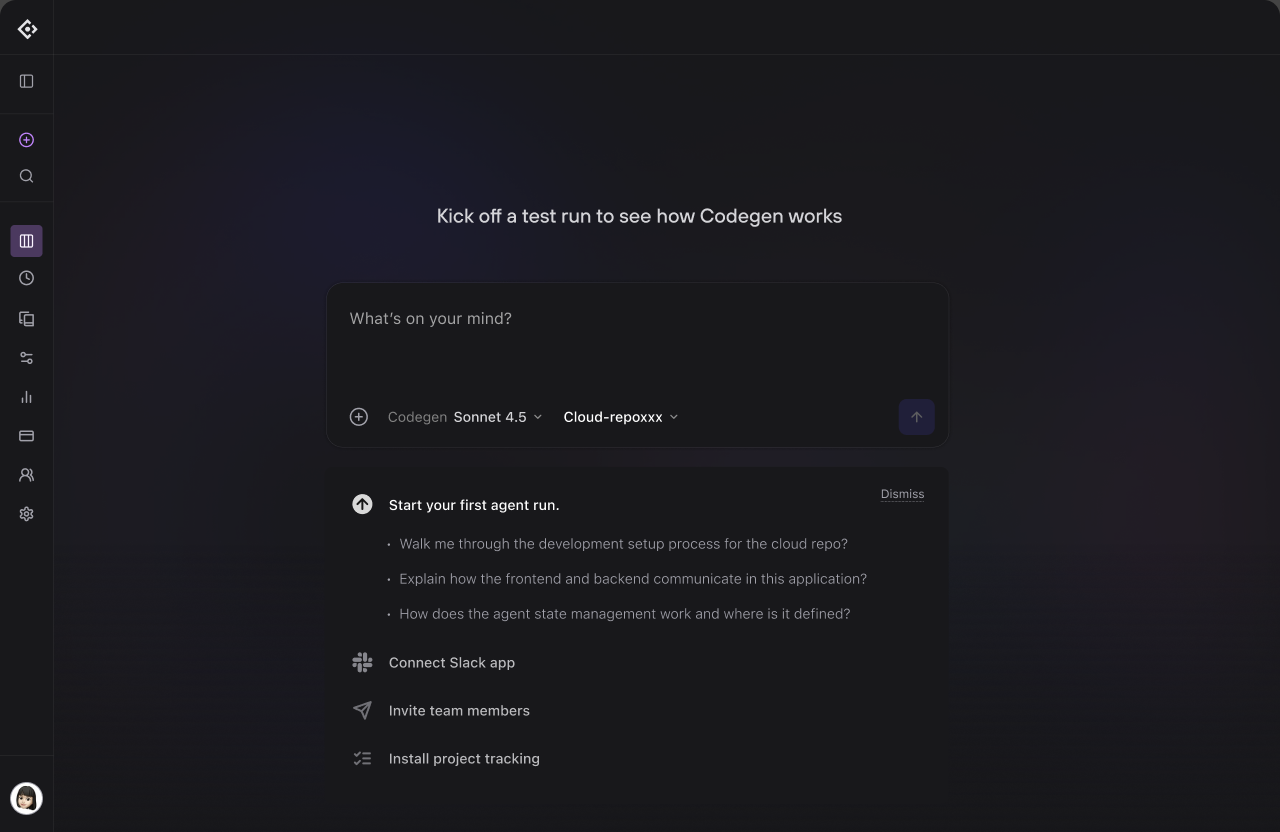 Codegen onboarding home with a prompt box and a getting-started checklist.