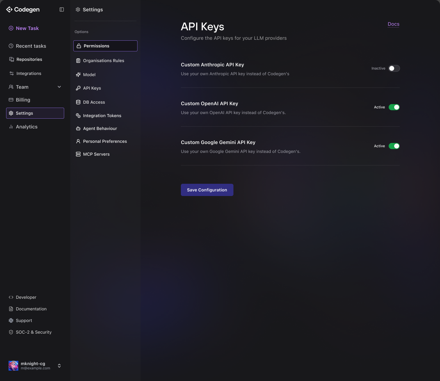 Codegen settings for configuring custom LLM provider API keys.