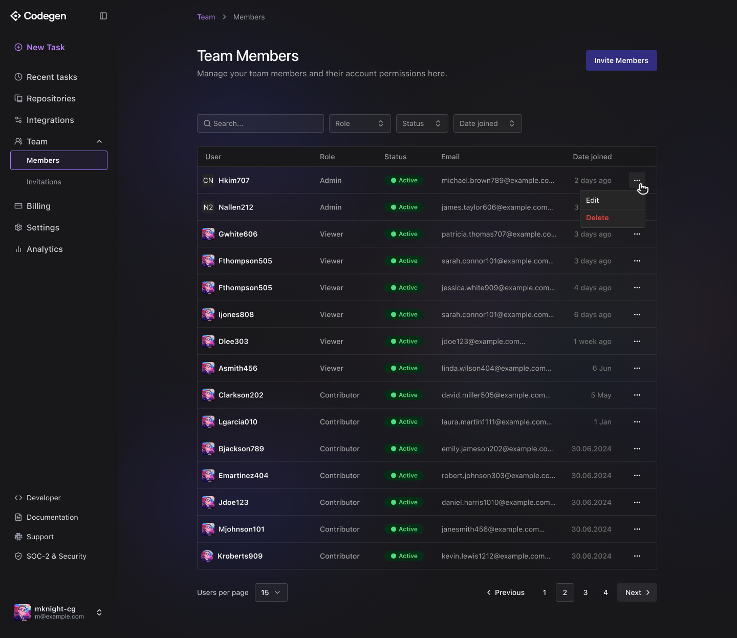 Codegen team-members table with roles, statuses, and row actions.